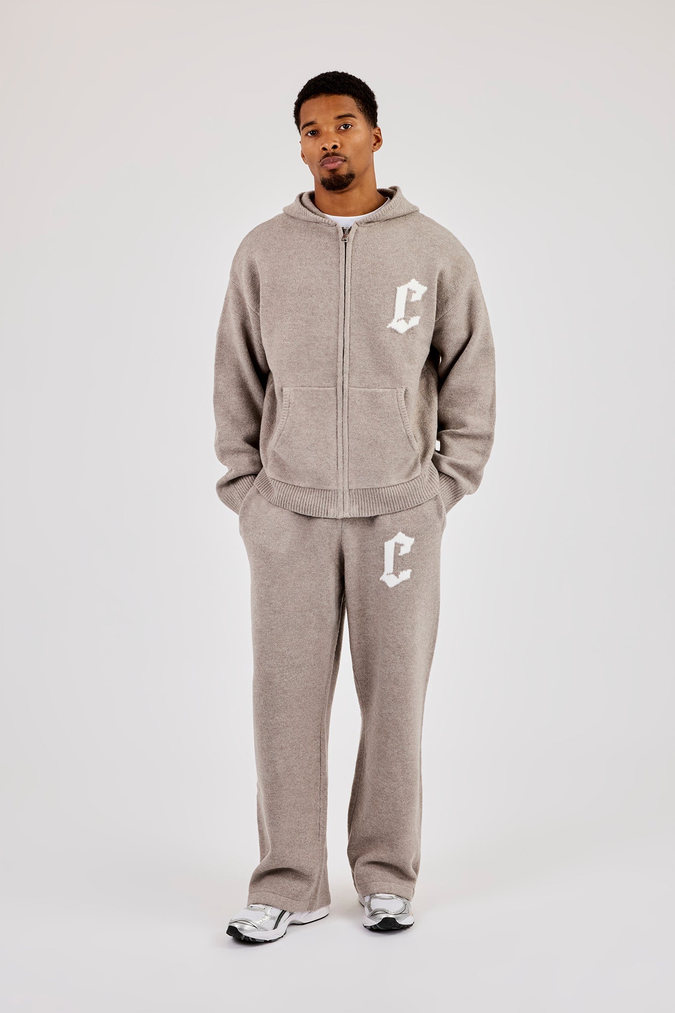 Mens C Knitted Zip Through Hoodie & Jogger - Stone