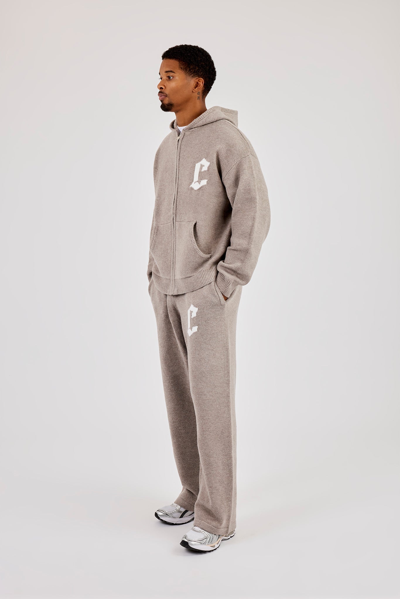 Mens C Knitted Zip Through Hoodie & Jogger - Stone