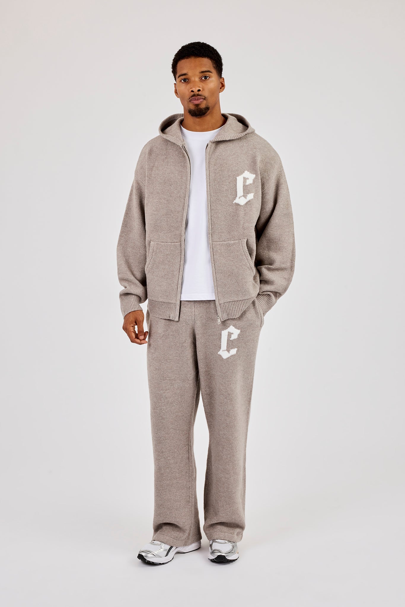 Mens C Knitted Zip Through Hoodie & Jogger - Stone