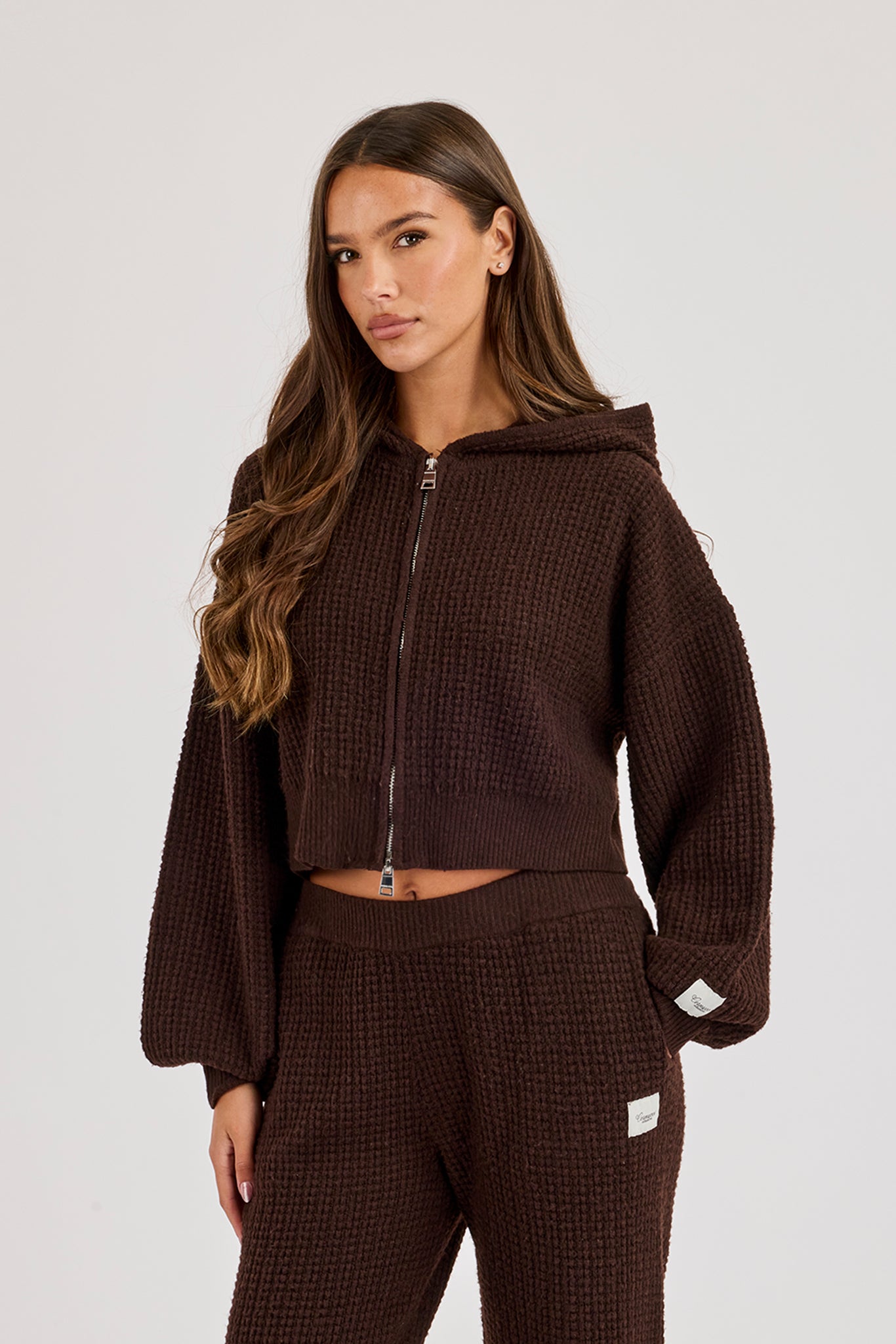 Waffle Knit Cropped Zip Through Hoodie - Chocolate