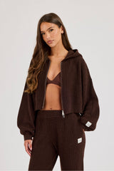 Waffle Knit Cropped Zip Through Hoodie - Chocolate