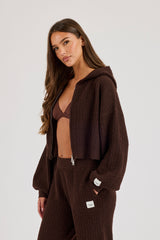 Waffle Knit Cropped Zip Through Hoodie - Chocolate