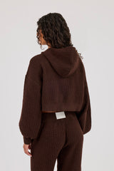 Waffle Knit Cropped Zip Through Hoodie - Chocolate
