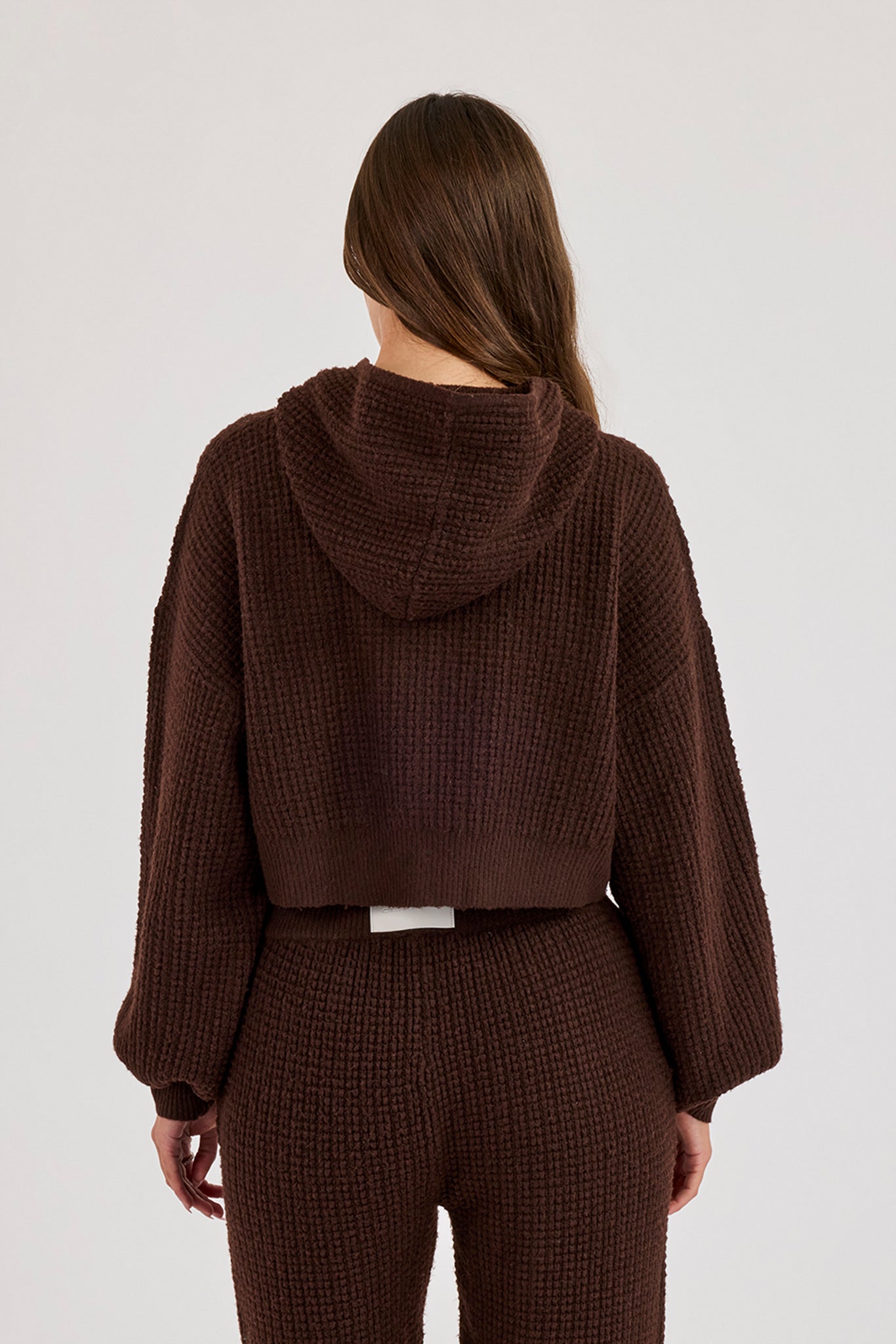 Waffle Knit Cropped Zip Through Hoodie - Chocolate