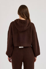 Waffle Knit Cropped Zip Through Hoodie - Chocolate