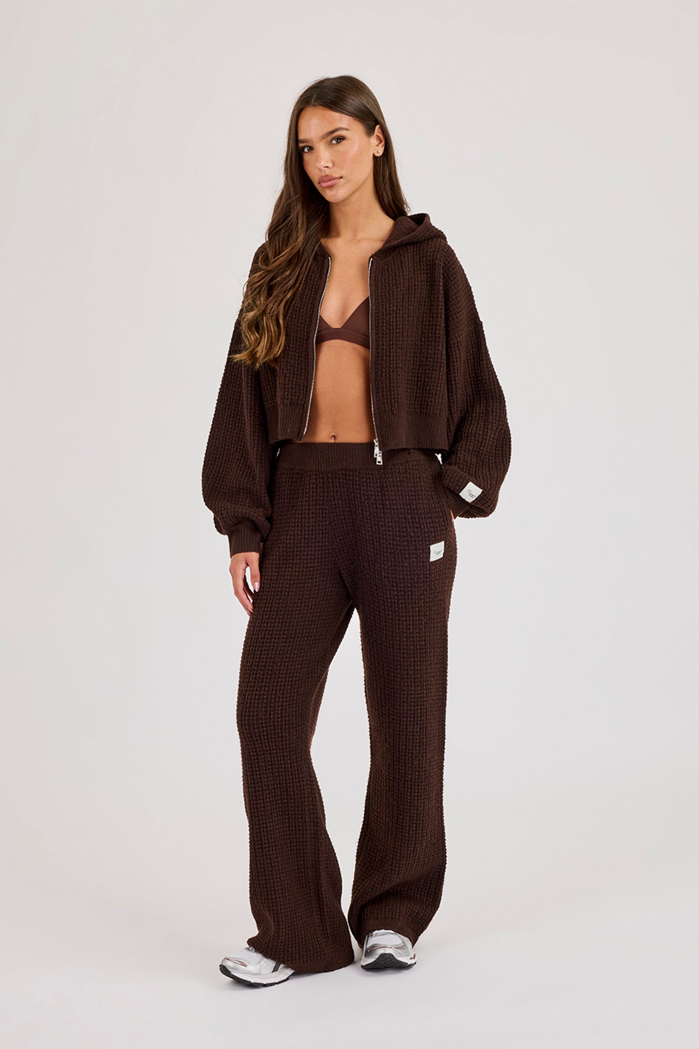 Waffle Knit Cropped Zip Through Hoodie & Wide Leg Jogger - Chocolate
