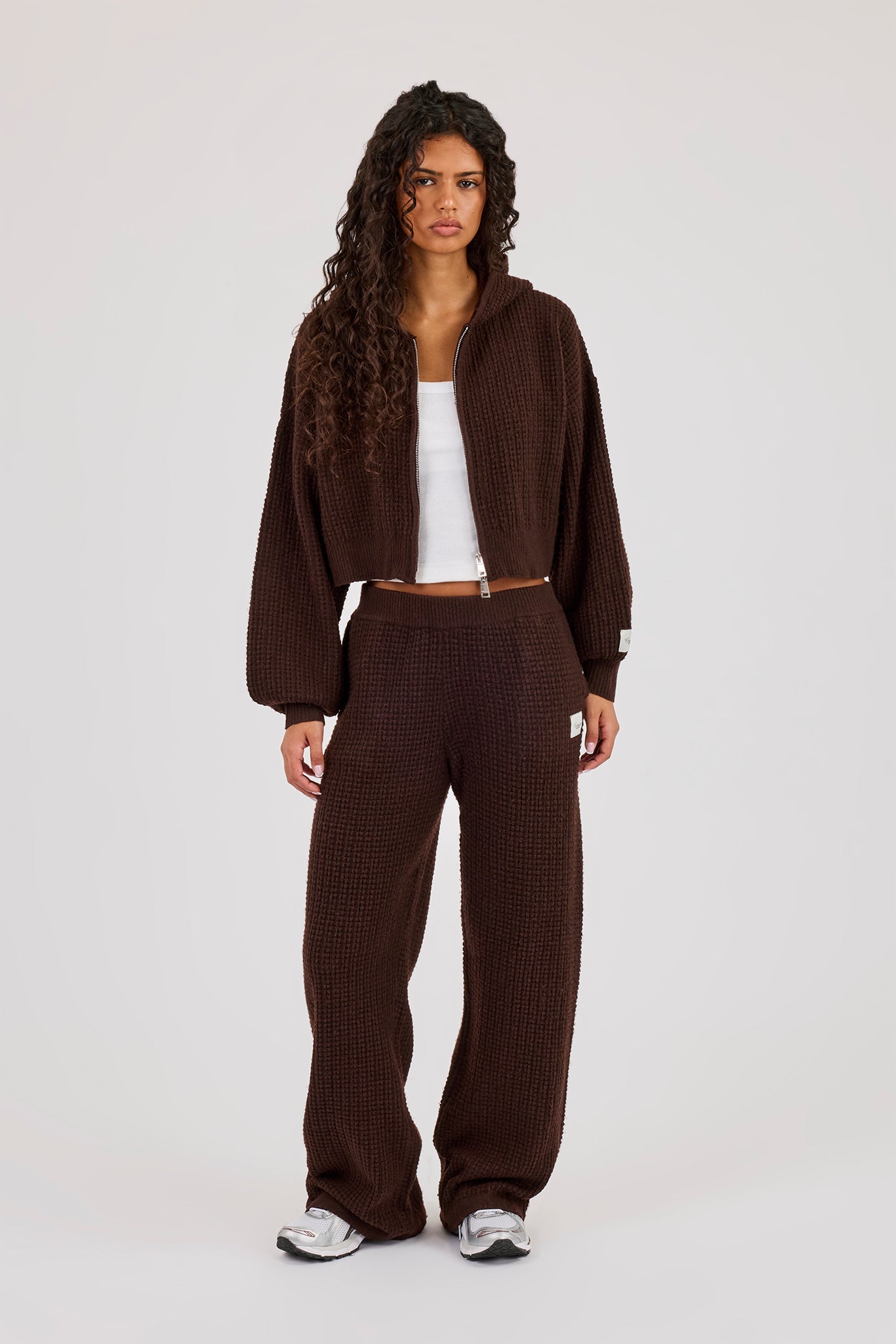 Waffle Knit Cropped Zip Through Hoodie & Wide Leg Jogger - Chocolate