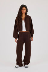 Waffle Knit Cropped Zip Through Hoodie & Wide Leg Jogger - Chocolate