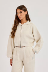 Waffle Knit Cropped Zip Through Hoodie - Oatmeal