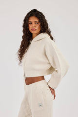 Waffle Knit Cropped Zip Through Hoodie - Oatmeal