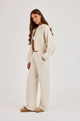 Waffle Knit Cropped Zip Through Hoodie & Wide Leg Jogger - Oatmeal