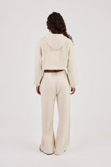 Waffle Knit Cropped Zip Through Hoodie & Wide Leg Jogger - Oatmeal