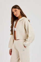 Waffle Knit Cropped Zip Through Hoodie - Oatmeal