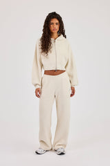 Waffle Knit Cropped Zip Through Hoodie & Wide Leg Jogger - Oatmeal