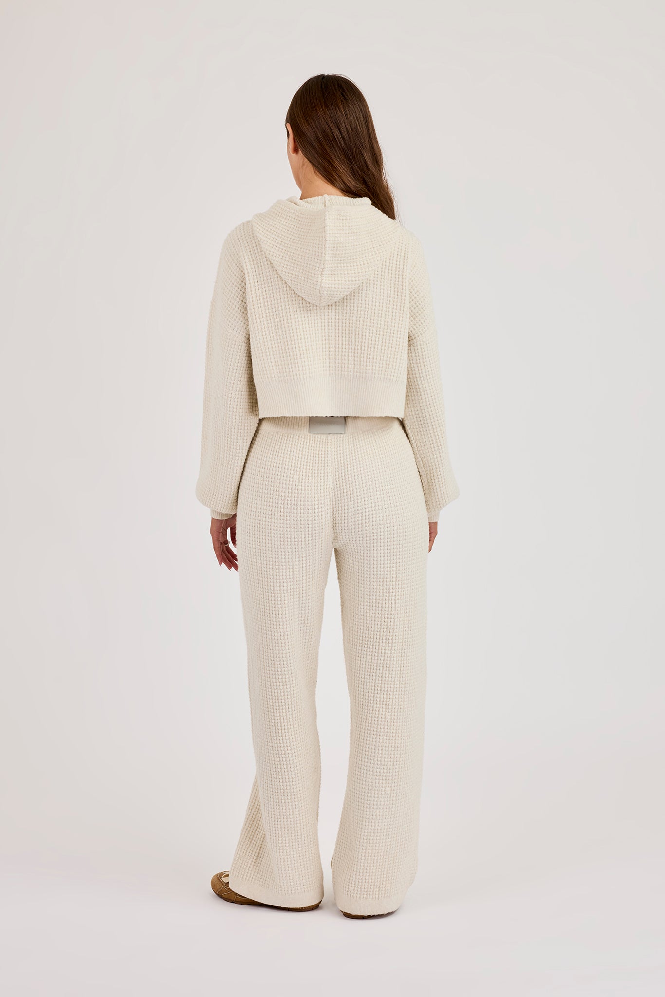 Waffle Knit Cropped Zip Through Hoodie & Wide Leg Jogger - Oatmeal