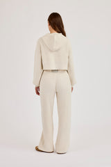 Waffle Knit Cropped Zip Through Hoodie & Wide Leg Jogger - Oatmeal