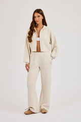 Waffle Knit Cropped Zip Through Hoodie & Wide Leg Jogger - Oatmeal