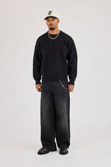 Knitted Back Intarsia Sweatshirt - Black