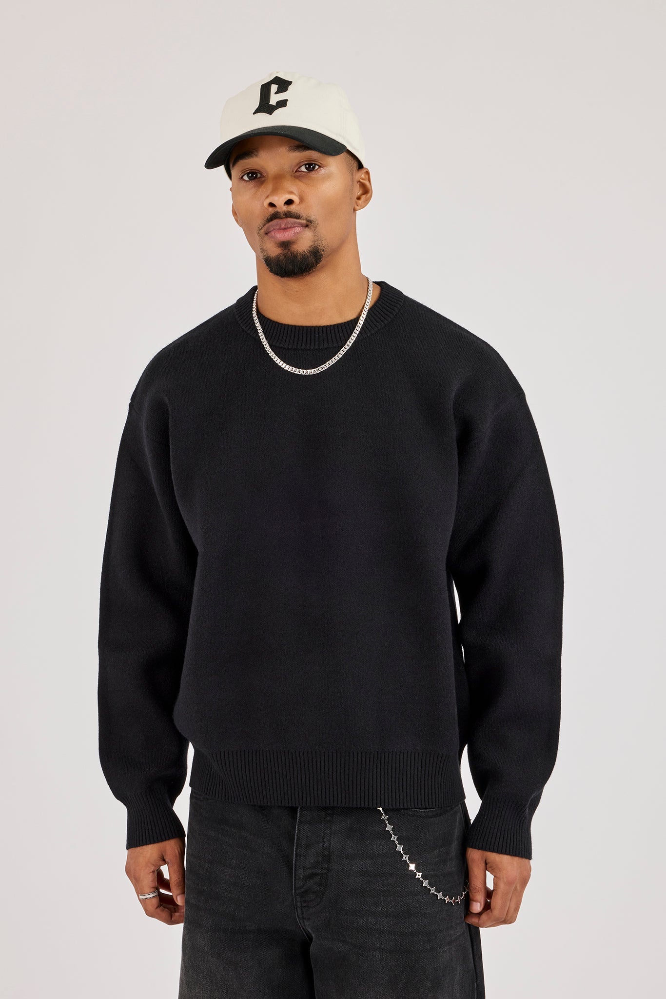 Knitted Back Intarsia Sweatshirt - Black