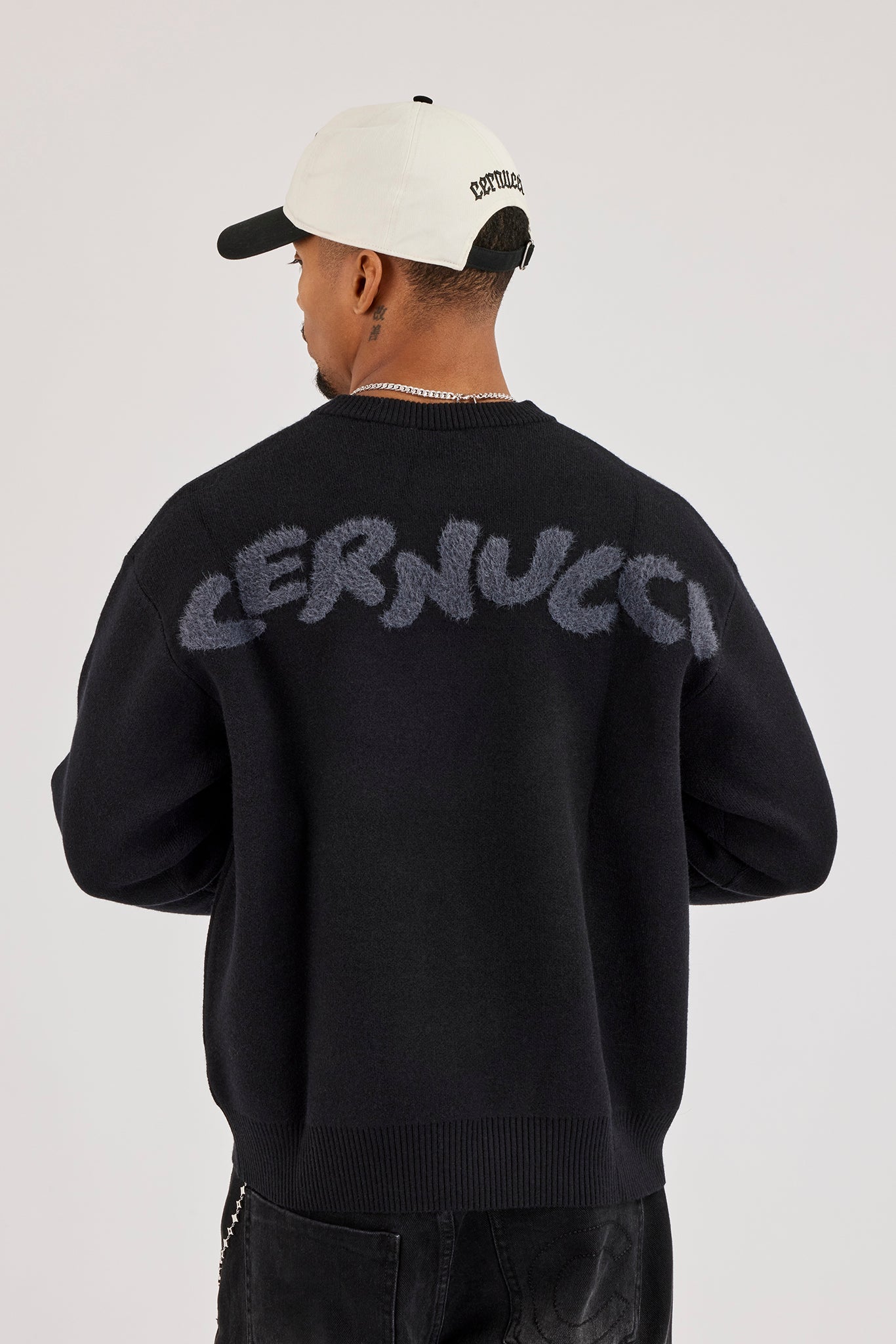 Knitted Back Intarsia Sweatshirt - Black