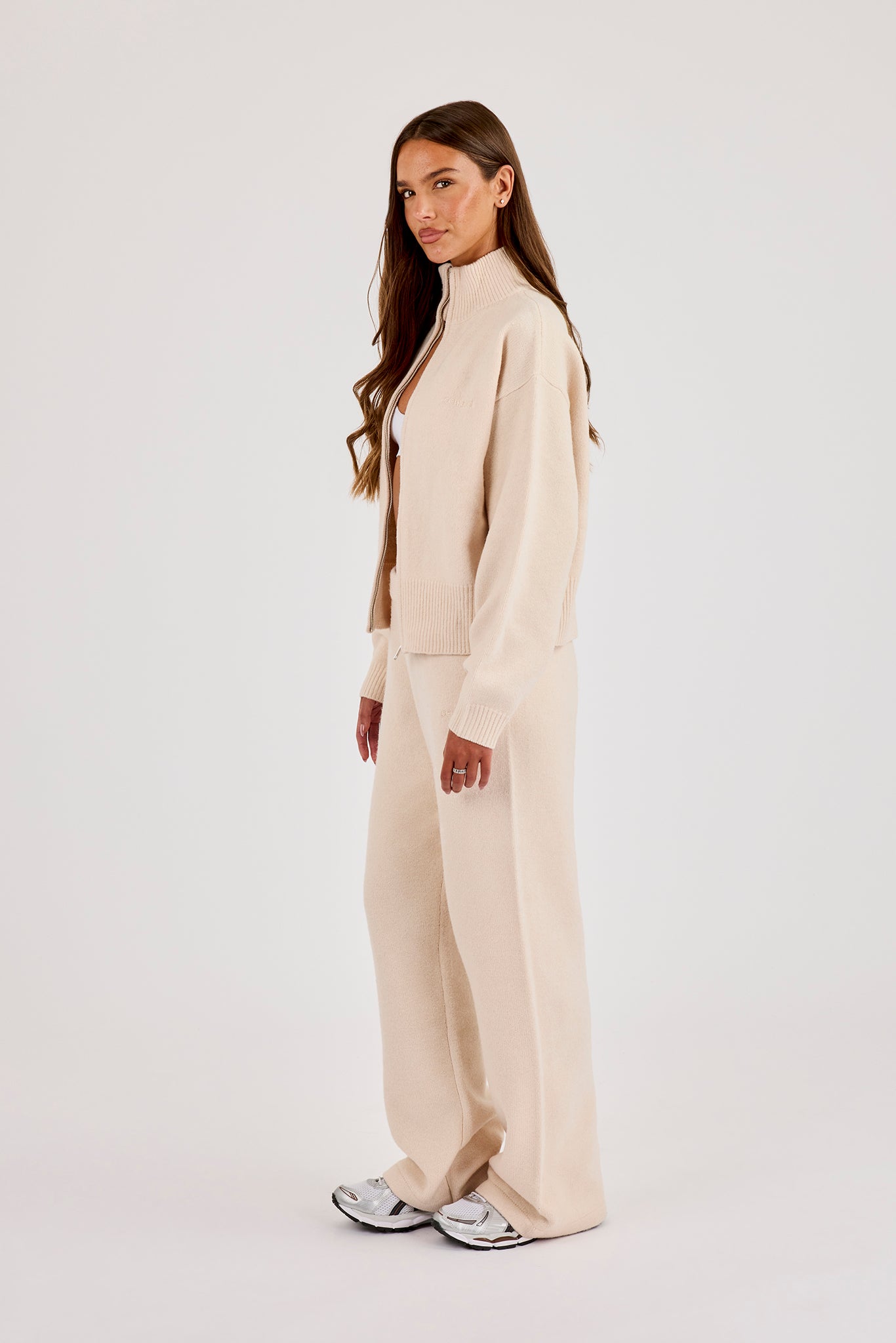 Knitted Funnel Neck Zip Through & Wide Leg Jogger - Oatmeal