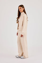 Knitted Funnel Neck Zip Through & Wide Leg Jogger - Oatmeal