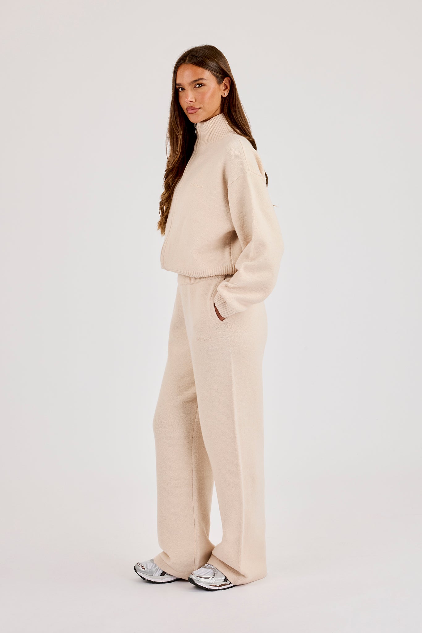 Knitted Funnel Neck Zip Through & Wide Leg Jogger - Oatmeal