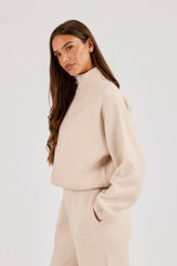 Knitted Funnel Neck Zip Through - Oatmeal