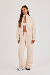 Knitted Funnel Neck Zip Through & Wide Leg Jogger - Oatmeal