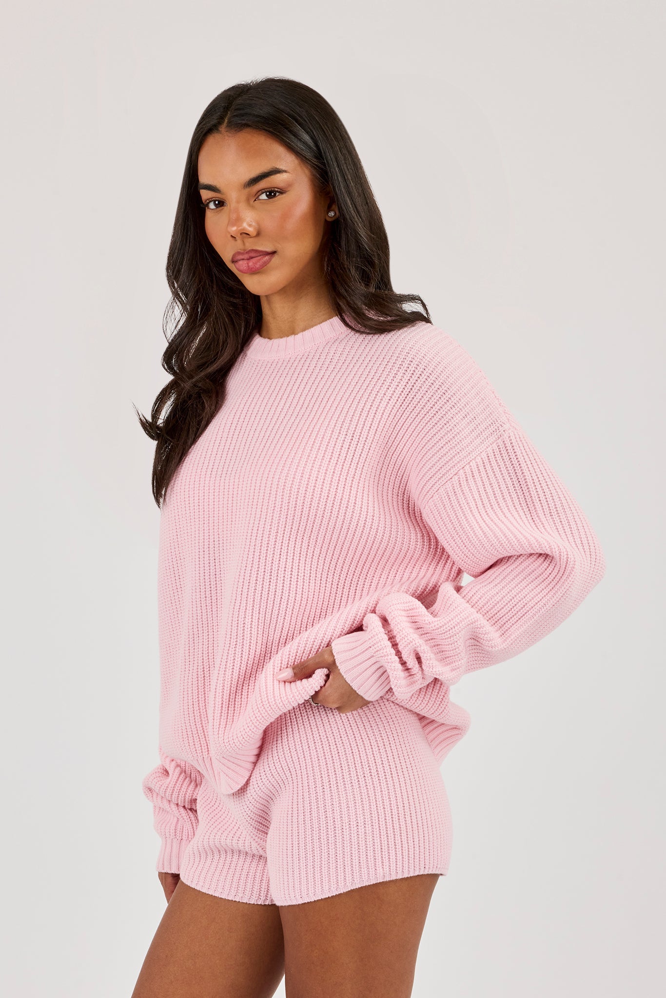 Lightweight Knitted Rib Sweatshirt - Baby Pink