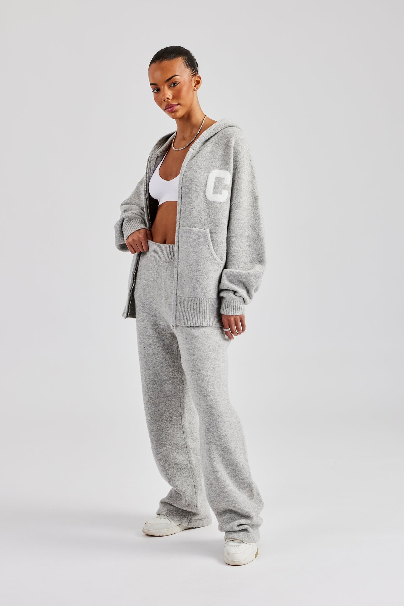 Knitted Zip Through Tracksuit - Light Grey | Womens Sets | Shop