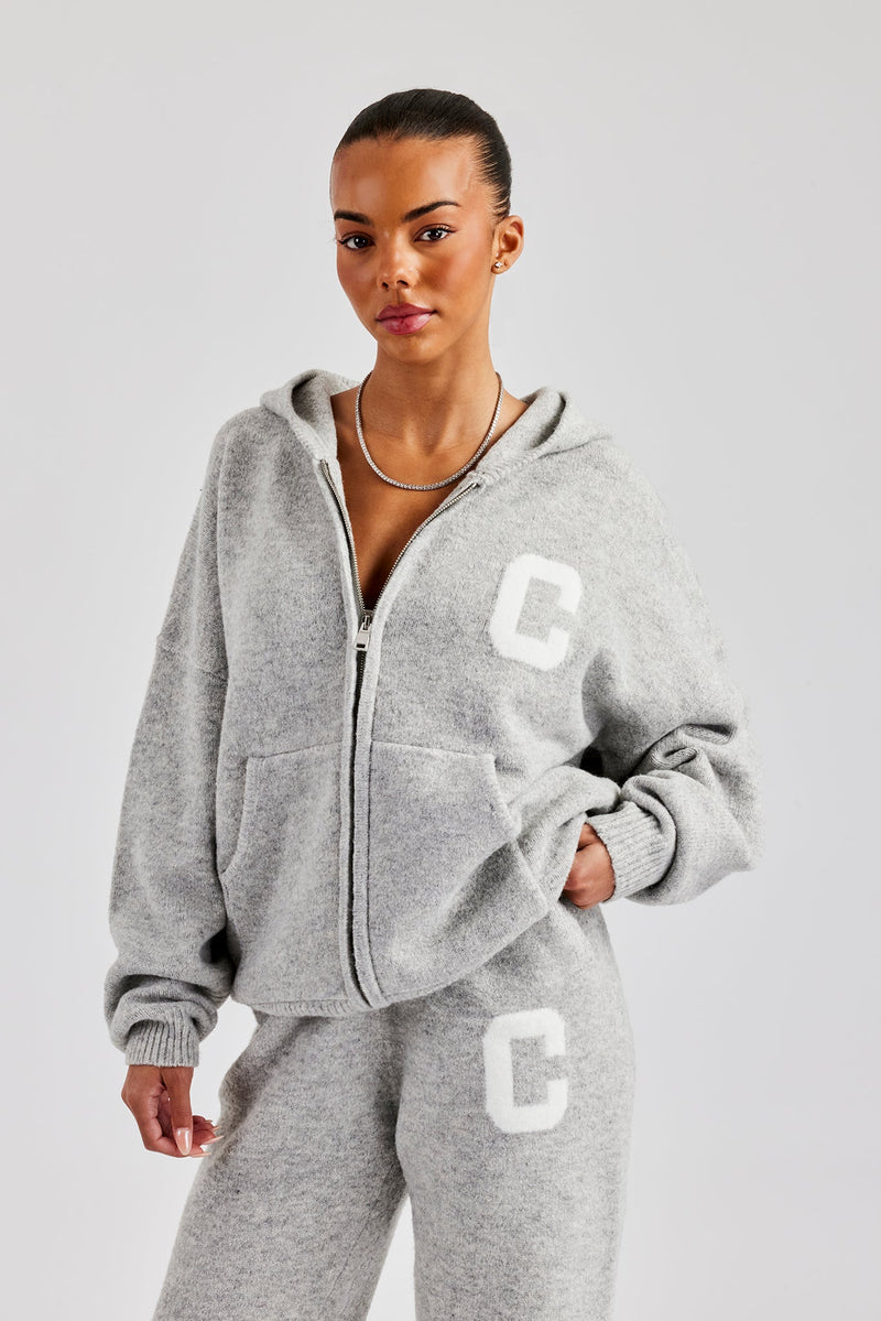 Knitted Zip Through Hoodie - Light Grey