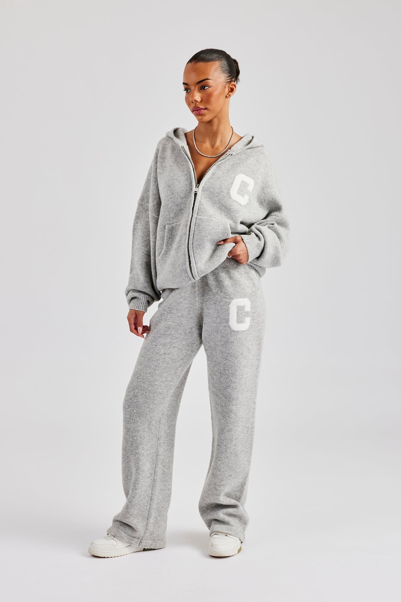 Knitted Zip Through Hoodie - Light Grey