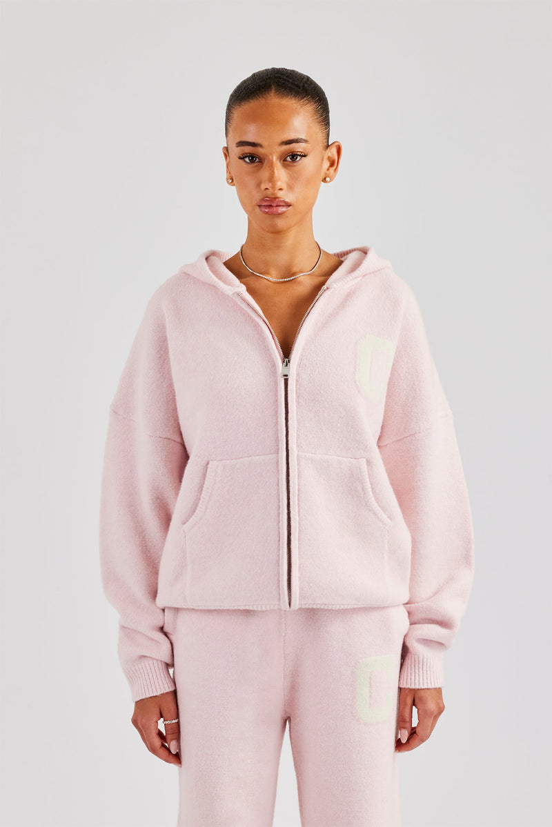 Hooded Zip Through Knitted Jumper - Baby Pink