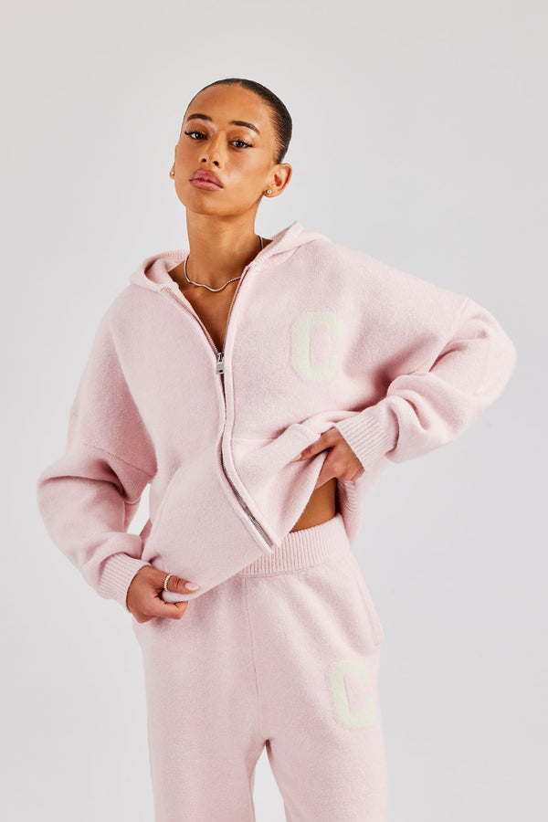 Hooded Zip Through Knitted Jumper - Baby Pink