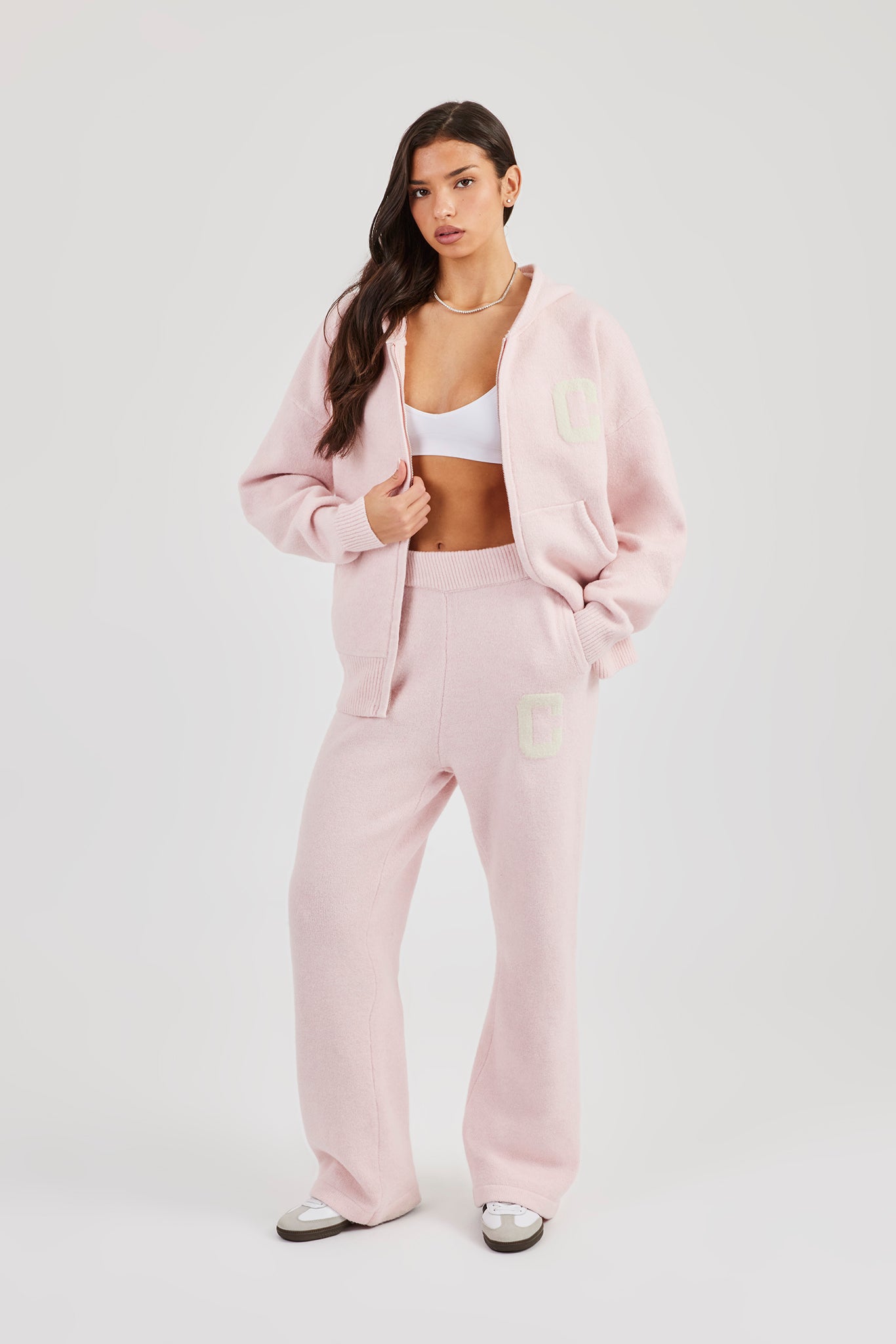 Hooded Zip Through Knitted Tracksuit - Baby Pink | Womens Sets