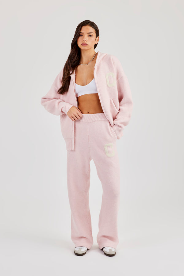 Hooded Zip Through Knitted Tracksuit - Baby Pink