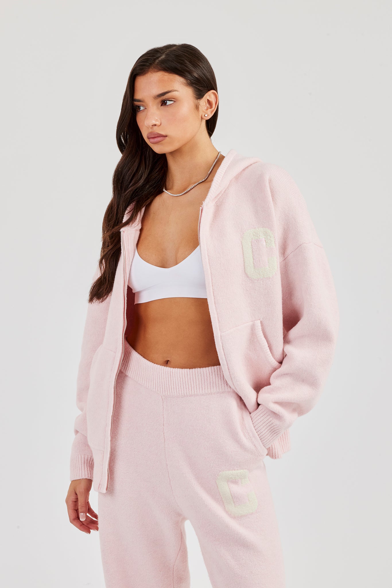 Hooded Zip Through Knitted Jumper - Baby Pink