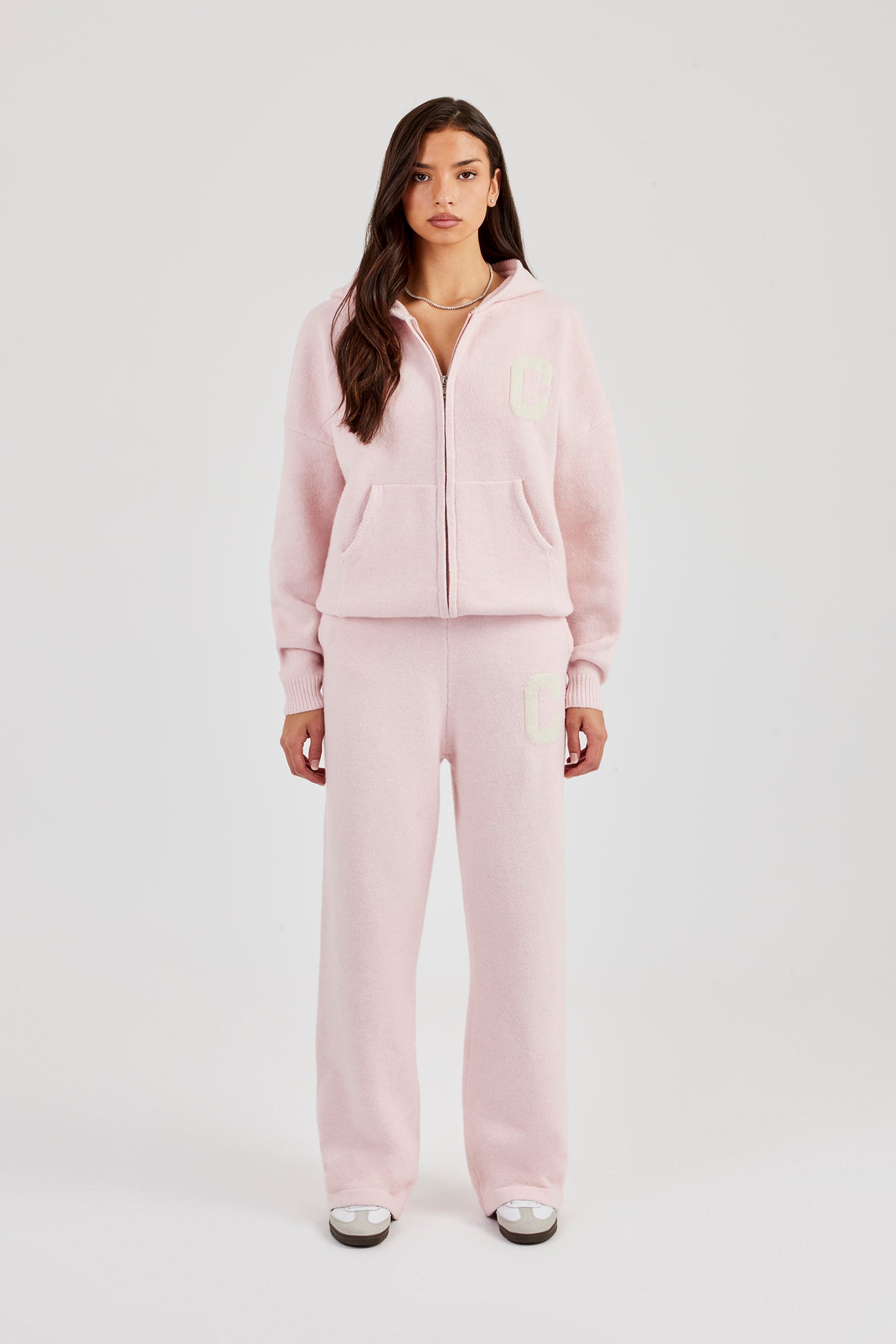 Hooded Zip Through Knitted Tracksuit - Baby Pink
