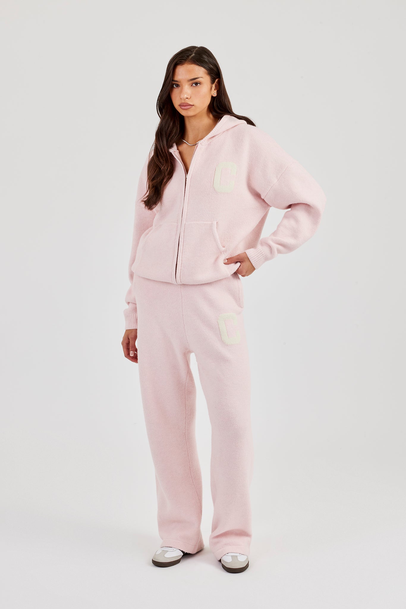 Hooded Zip Through Knitted Tracksuit - Baby Pink | Womens Sets