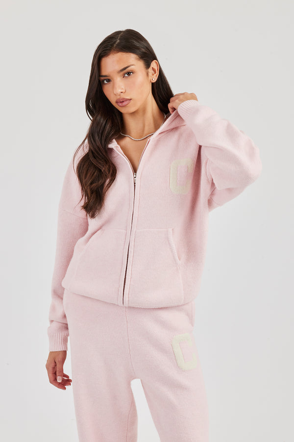Hooded Zip Through Knitted Jumper - Baby Pink