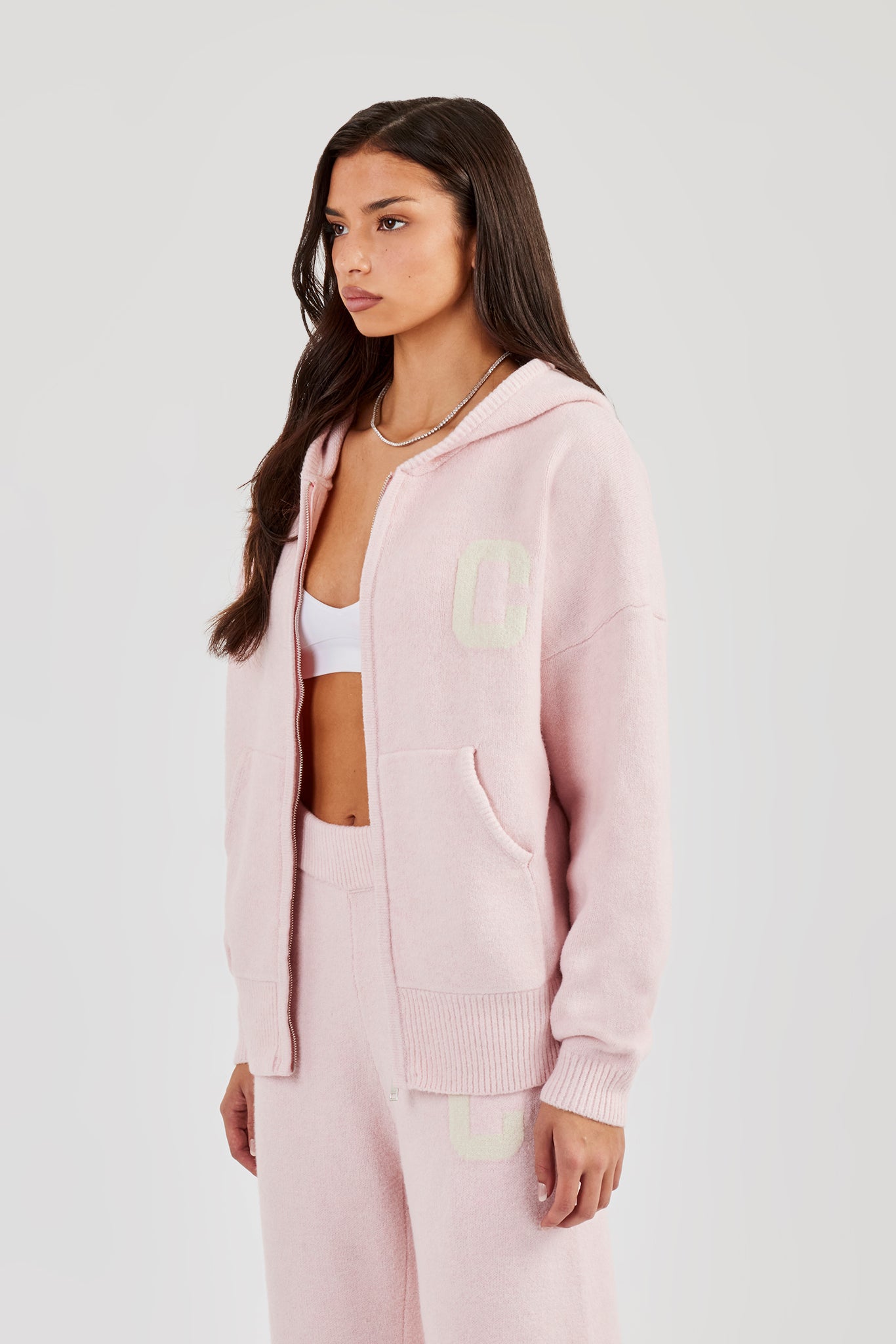 Hooded Zip Through Knitted Jumper - Baby Pink | Womens Knitwear