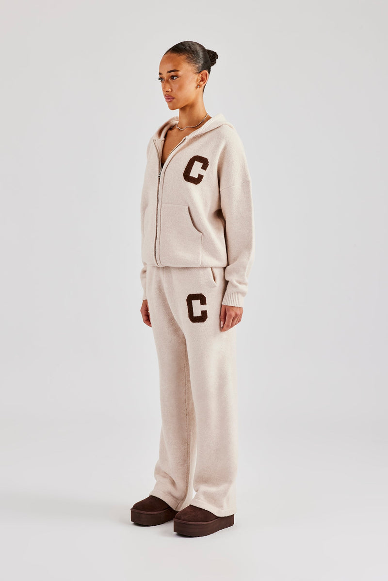 Hooded Zip Through Knitted Tracksuit - Off White