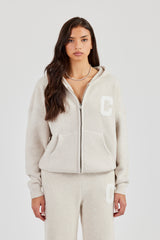Hooded Zip Through Knitted Jumper - Oatmeal