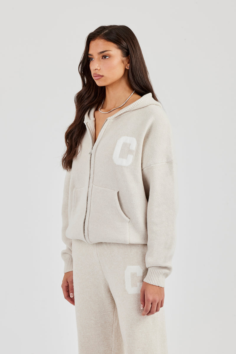 Hooded Zip Through Knitted Jumper - Oatmeal