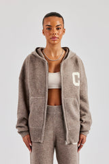 Hooded Zip Through Knitted Jumper - Taupe