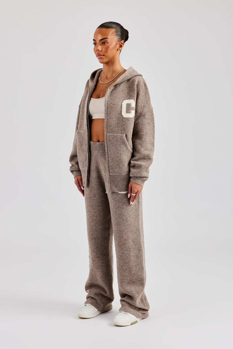 Knitted Zip Through Tracksuit - Taupe