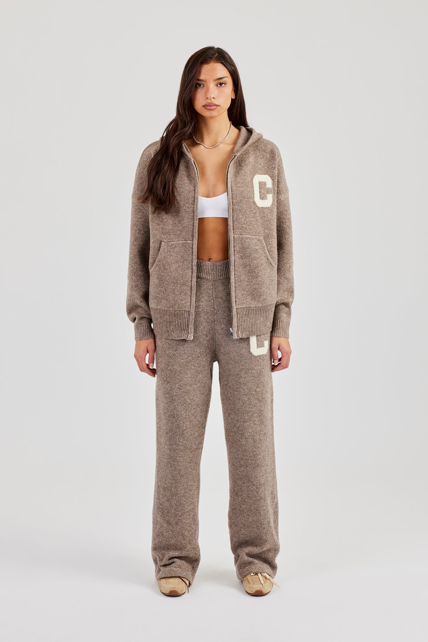 Hooded Zip Through Knitted Jumper & Wide Leg Jogger | Womens Sets