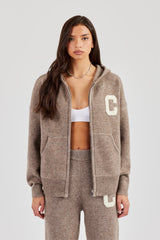 Hooded Zip Through Knitted Jumper - Taupe