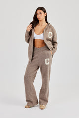 Hooded Zip Through Knitted Tracksuit - Taupe